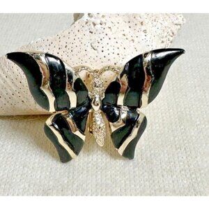 Gerry Vintage Black Enamel Gold Tone Striped Butterfly Brooch Pin